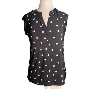 Anne Klein Sleeveless V-neck Blouse Black with White Polka Dots Sz S
